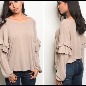 Women Taupe Top Scoop Neck Ruffle
